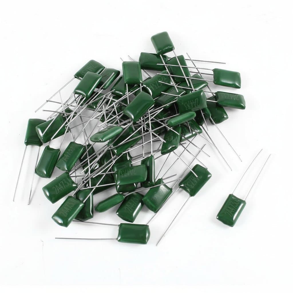50-piece assortment of 100V polyester film capacitors including values 330pF to 100nF, neatly organized on a white background.