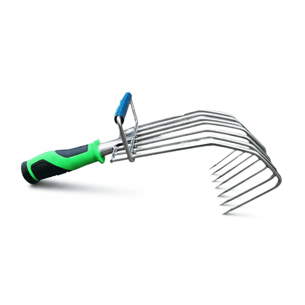 Lightweight small hand rake with rubber handle for weeding and loosening soil in gardens, patios, and backyard beds. Easy to use for detailed yard work.