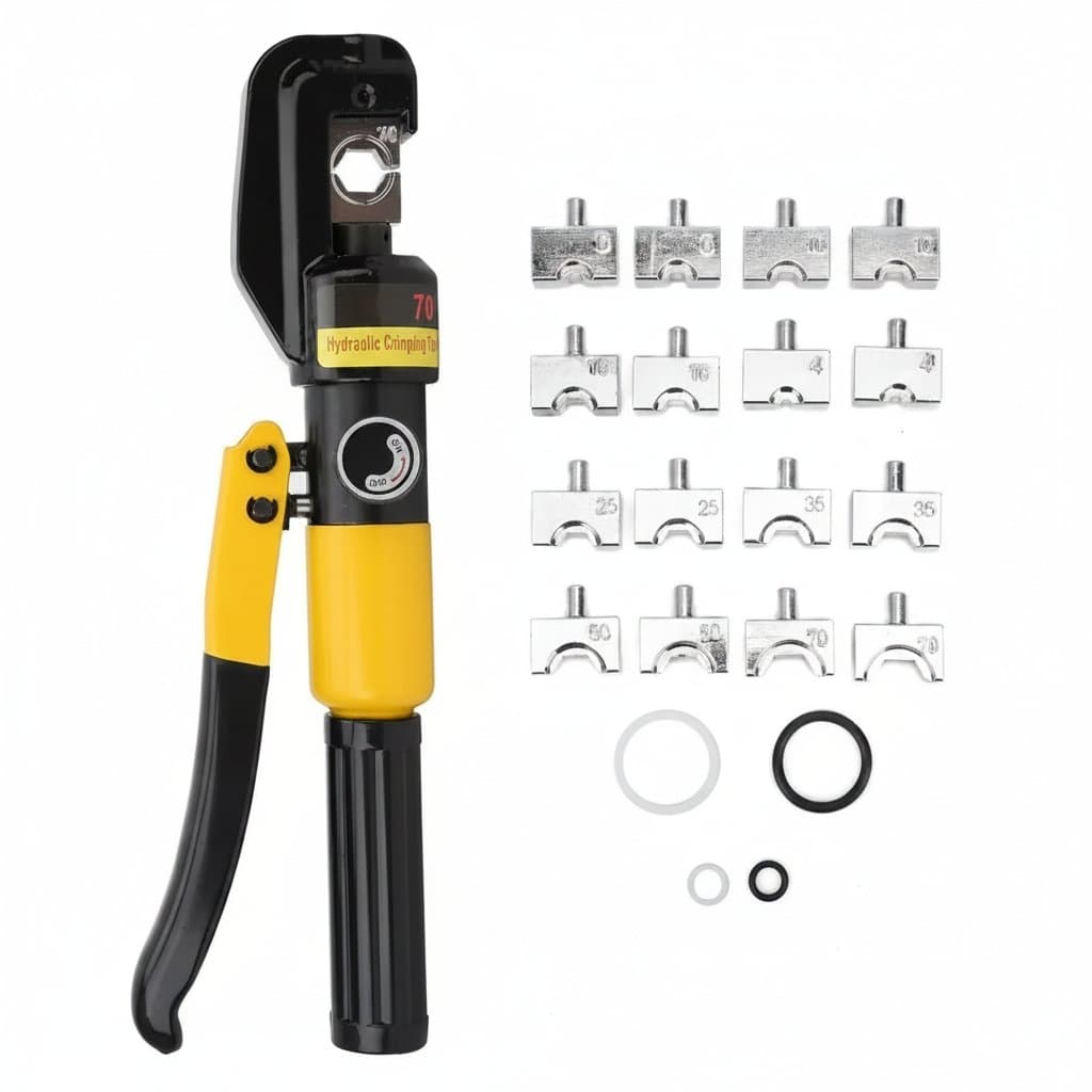 YQK-70 6-ton hydraulic pliers crimper for 12-2/0 AWG cable lugs, featuring a durable steel frame and ergonomic handles.