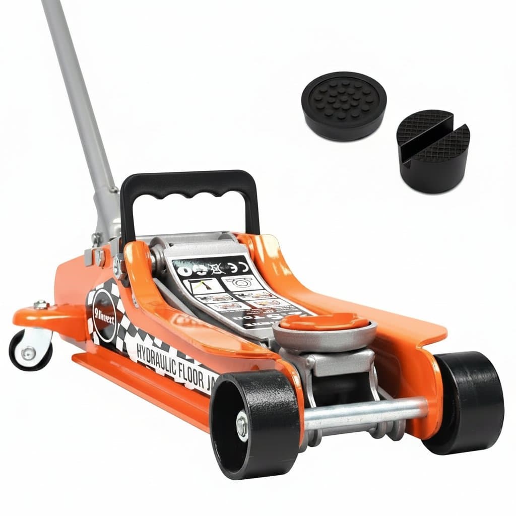 2.5 Ton low profile steel racing floor jack with hydraulic pump, ideal for automotive repair and maintenance under low-clearance vehicles.