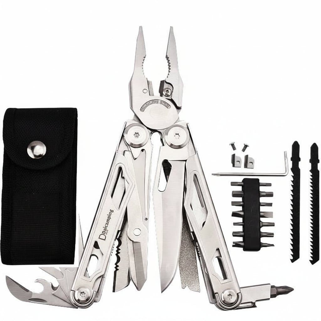 Daicamping DL30 Multitool with pliers, knife, scissors, and cutters folded in a compact EDC survival gear design.
