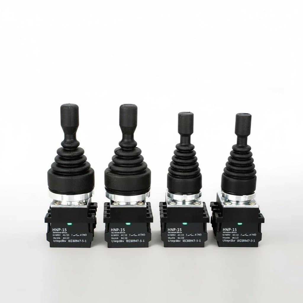 HNP-X2011 industrial toggle joystick switch with 2-position, 4-way operation for latching or momentary control in a black housing.