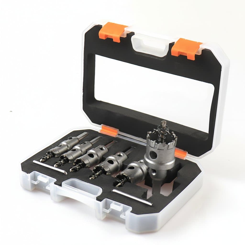 8-piece 16-35mm TCT hole saw set with carbide-tipped cutters for drilling stainless steel, iron plate, and metalworking.