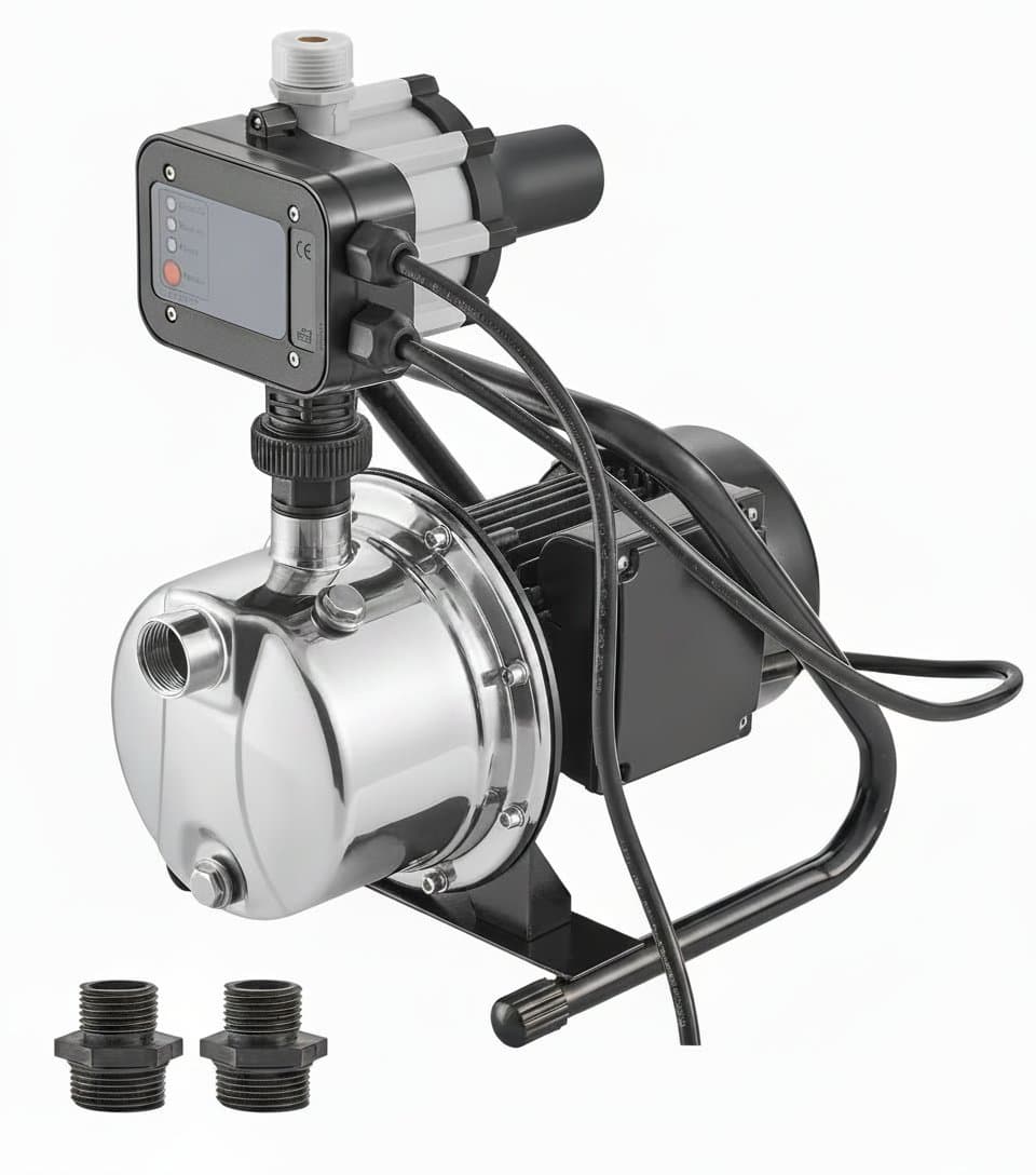 Portable 1HP shallow well jet pump with automatic controller, delivering 1380 GPH flow rate and 145 ft head for garden irrigation.