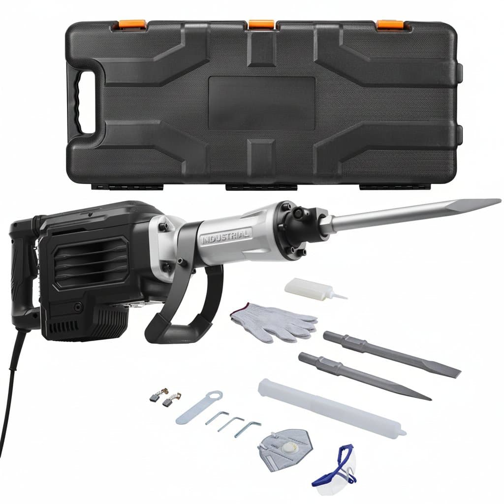SucceBuy 2800W Demolition Jack Hammer electric concrete breaker with carrying case and gloves, shown on a worksite.