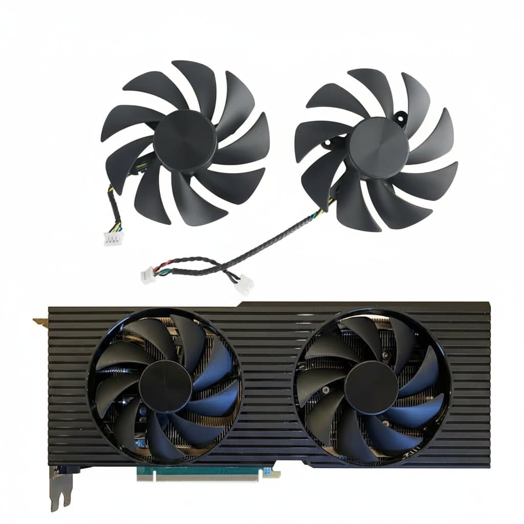 NEW DIY Cooling Fan replacement for DELL RTX 3070, 3080, and 3090 graphics cards, showing the 87mm 4-pin 12V fan with black blades and model PLA09215B12H.