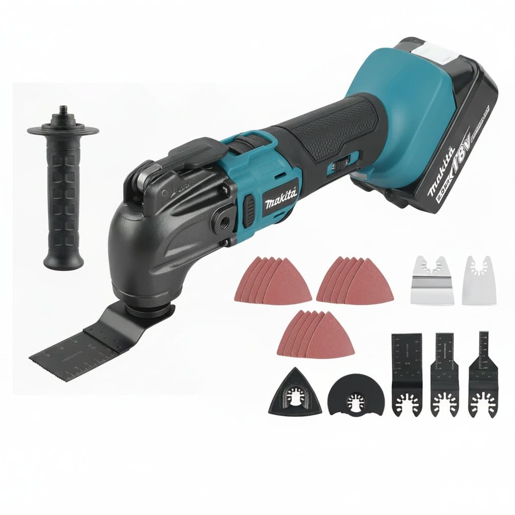 Makita 18V cordless trimming cutter with 6-gear settings, powered by an 18/20V Li-Ion battery, ideal for sawing and cutting tasks.