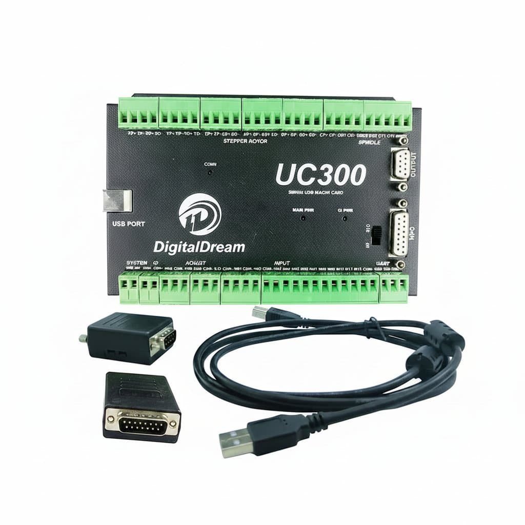 EU-compliant USB Mach3 UC300 CNC motion controller board for 3, 4, or 6-axis milling machines with integrated ports and heat sink.