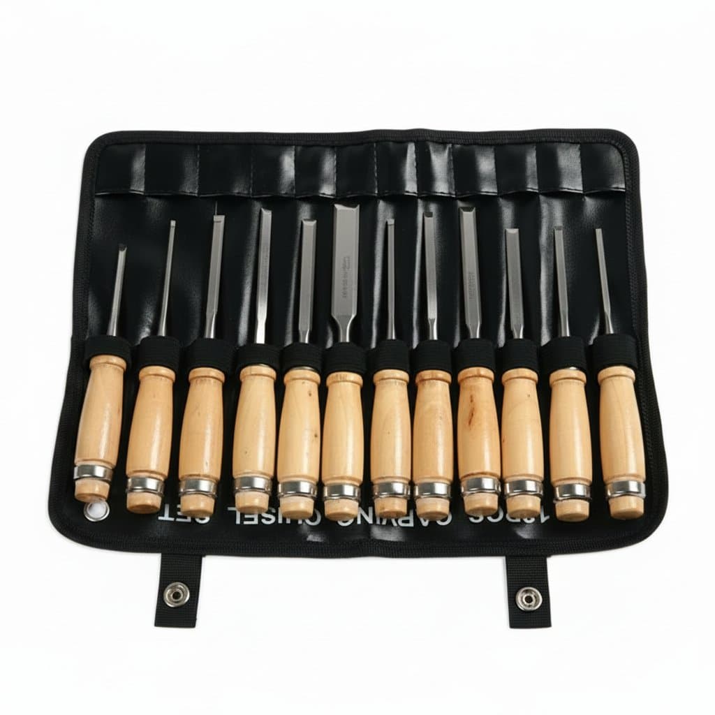 Professional 12-piece wood carving chisel set with sharp gouges and lathe tools for detailed woodworking and crafting projects.