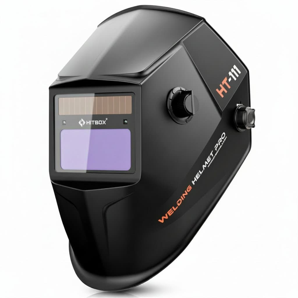 HITBOX auto-darkening welding helmet with large 93x43mm viewing lens for TIG, MIG, and ARC welding, featuring true color technology.