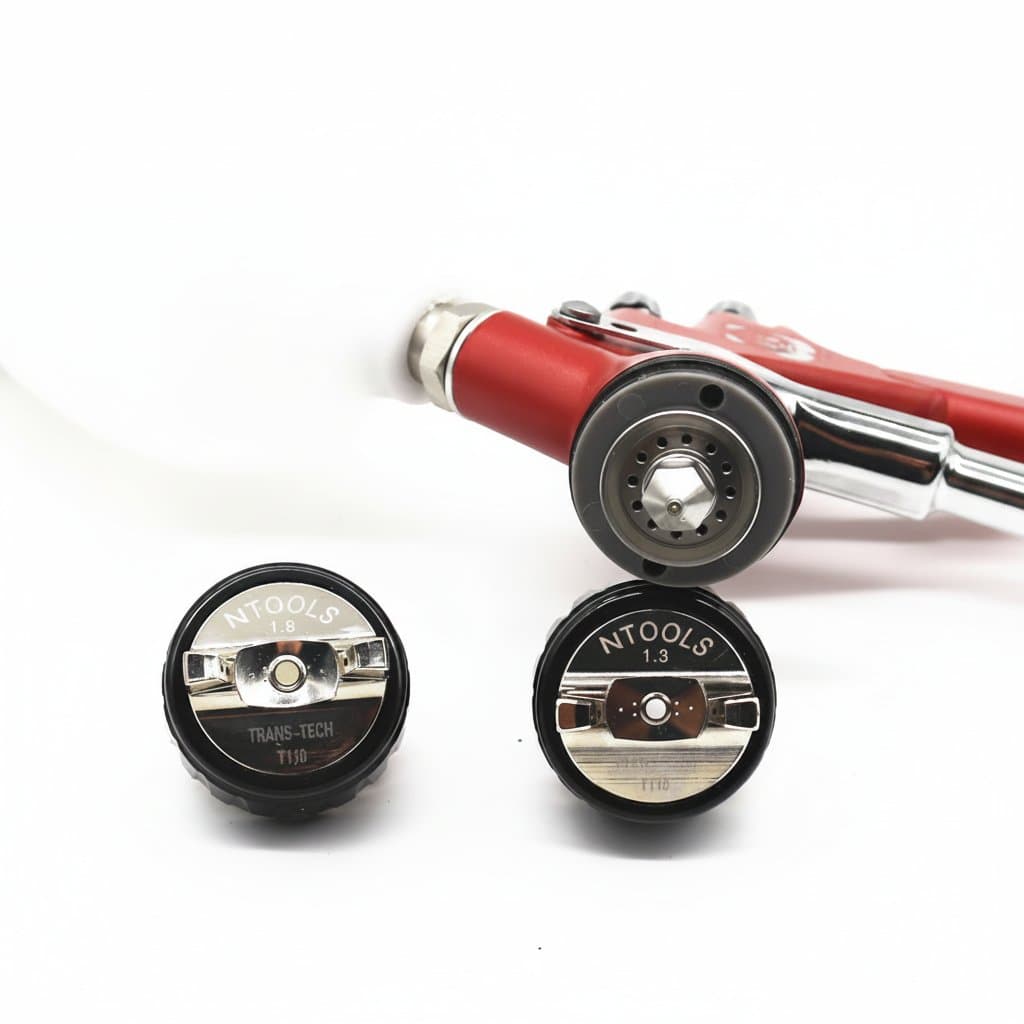 HVLP air spray gun with 1.3mm and 1.8mm nozzles, 600cc plastic cup for automotive body repair and painting.