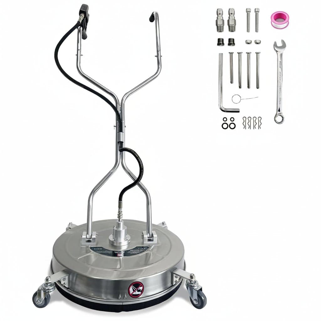 30-inch stainless steel pressure washer surface cleaner with dual handles and four wheels, designed for cleaning concrete driveways up to 5200 PSI.