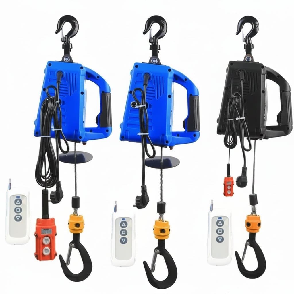 220V Portable Mini Electric Hoist with remote control, a heavy-duty lifting winch for home workshops and garage use.