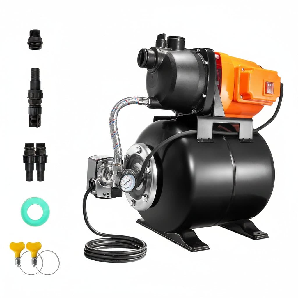 SucceBuy 1 HP shallow well pump with a 5-gallon pressure tank, delivering 1000 GPH for automatic home garden irrigation.