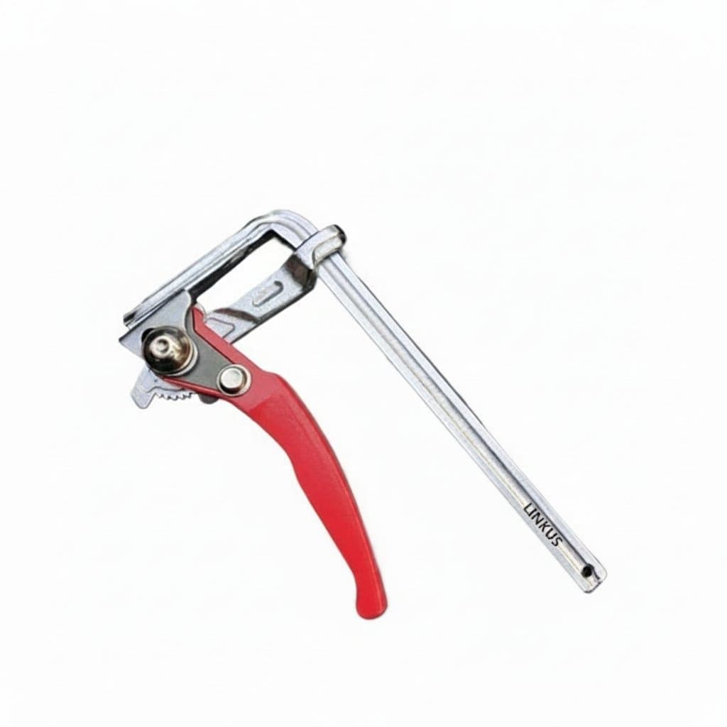 Festool Makita F-clamp for MFT3FS HZ aluminum guide rail, featuring a ratchet mechanism for secure woodworking track positioning.