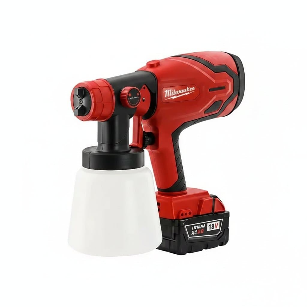 Milwaukee cordless electric spray gun with 800ml capacity for painting furniture, auto surfaces, and steel coatings.