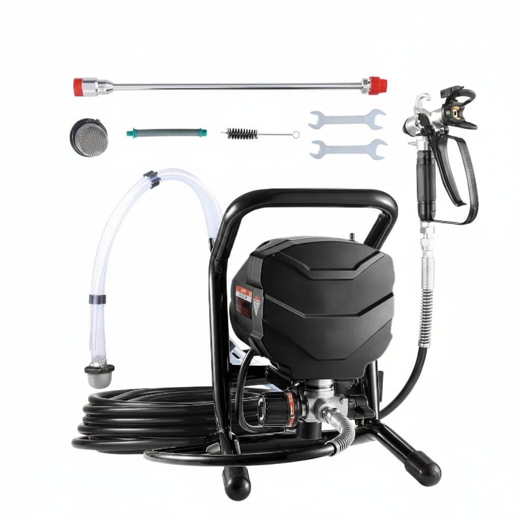 650W stand airless paint sprayer with 3000PSI pressure, high efficiency motor, and includes an extension rod for reach.