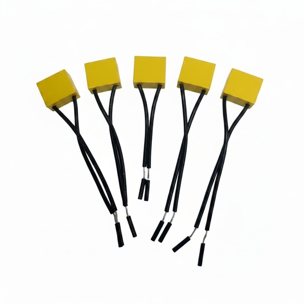 5PCS AD K X2 safety capacitor assortment with values 0.1uF to 0.47uF, 250V-275V, featuring flexible wire leads and blue housing.