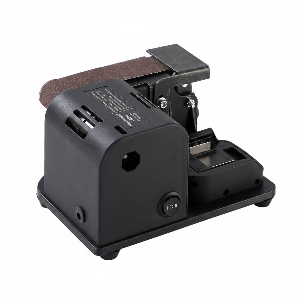 Cordless mini belt grinding machine for knife sharpening and DIY polishing, operates with external power source.