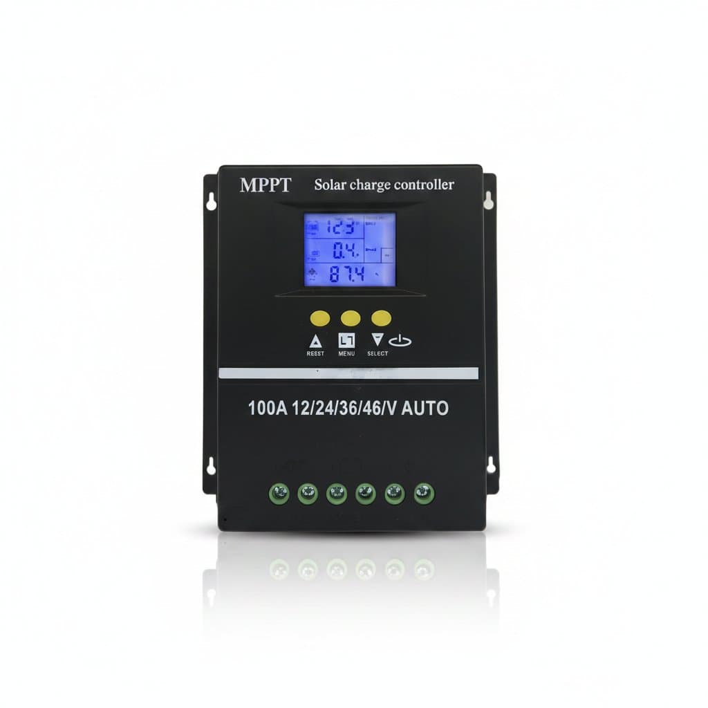 POWLSOJX 100A MPPT solar charge controller for 12V to 48V systems, regulating lead acid or lithium batteries with dual USB ports.