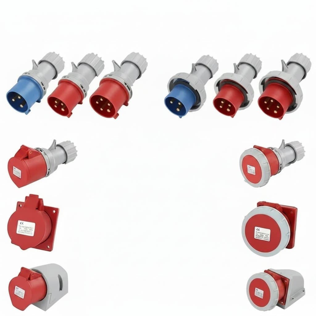 16/32A Industrial Plug and Socket set with 3P, 4P, and 5Pin configurations, featuring IP67 waterproof wall-mounted socket and male/female connectors.