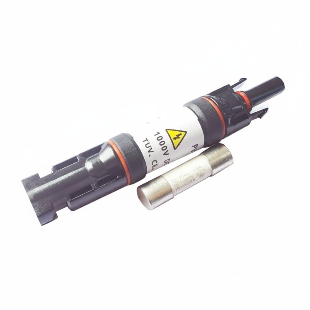TUV approved inline DC solar fuse holder for 1000VDC systems, rated 10A to 30A, with a durable black plastic housing and metal contacts.