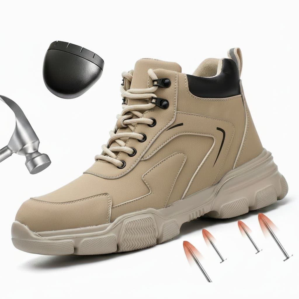 Men's steel toe work boots with indestructible construction, puncture-proof protection, and durable design for construction and industrial use.