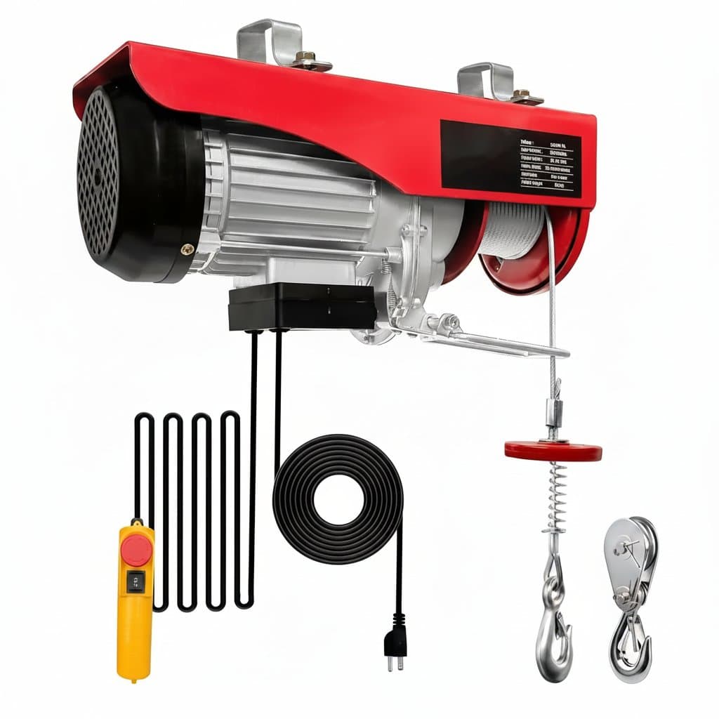 Electric hoist winch with 1320 lb capacity, 110V power, wired remote control, and 11 meter lifting height for industrial material handling.