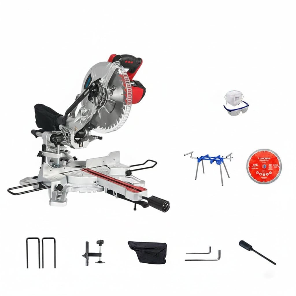 Professional 220V pull rod miter saw for precise aluminum cutting, featuring a circular saw blade and multifunctional power tool design.