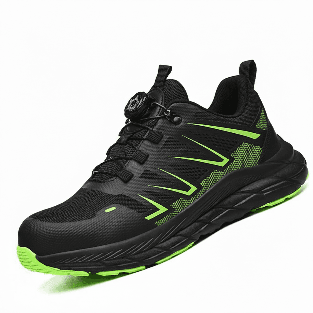 Fashion Safety Shoes Men: a single black and orange safety shoe, side view.