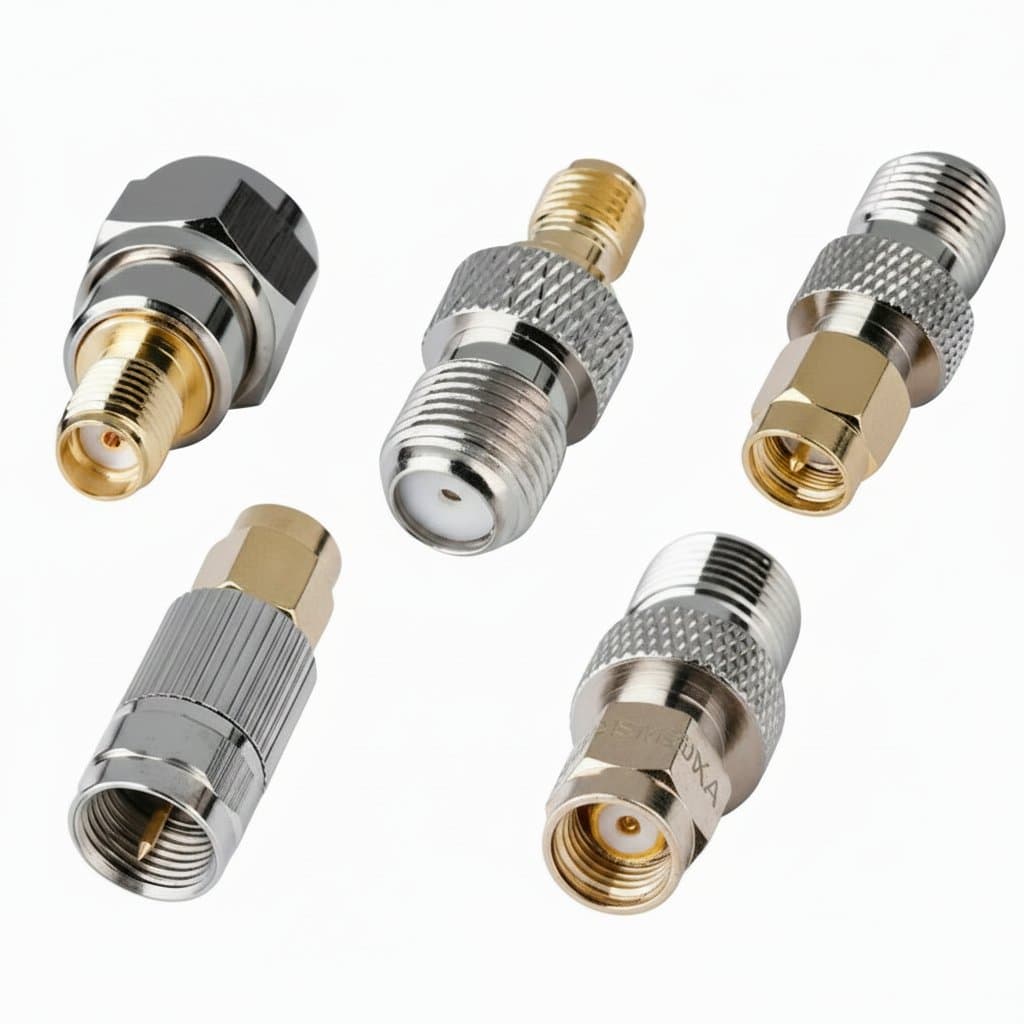 JXRF F Type Female to SMA Male Plug Connector, a straight RF coaxial adapter for secure antenna and cable connections.