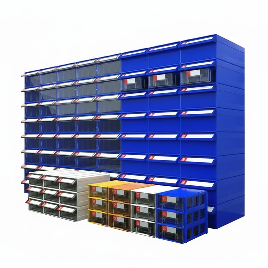 A set of six stackable desktop organizer drawers for storing hardware, mall parts, and small items in workshop or office.