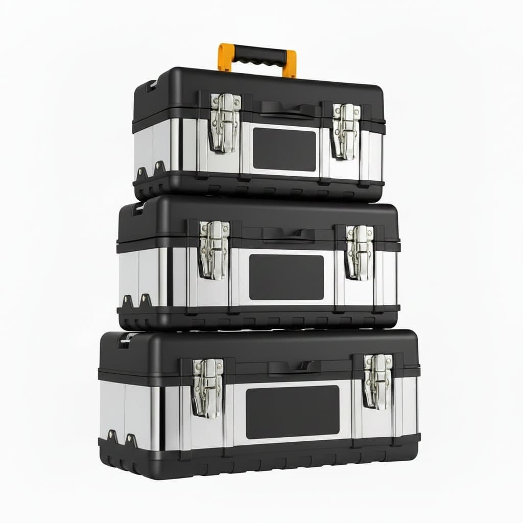 Industrial-grade stainless steel toolbox with large empty interior, portable metal storage case for household or professional use.
