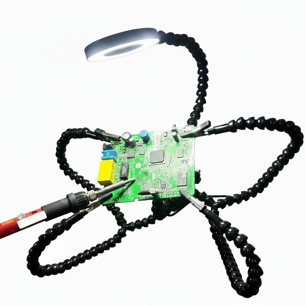 Soldering Helping Hand | 5-Arm PCB Holder with Clamp | 3X LED Magnifier Tool