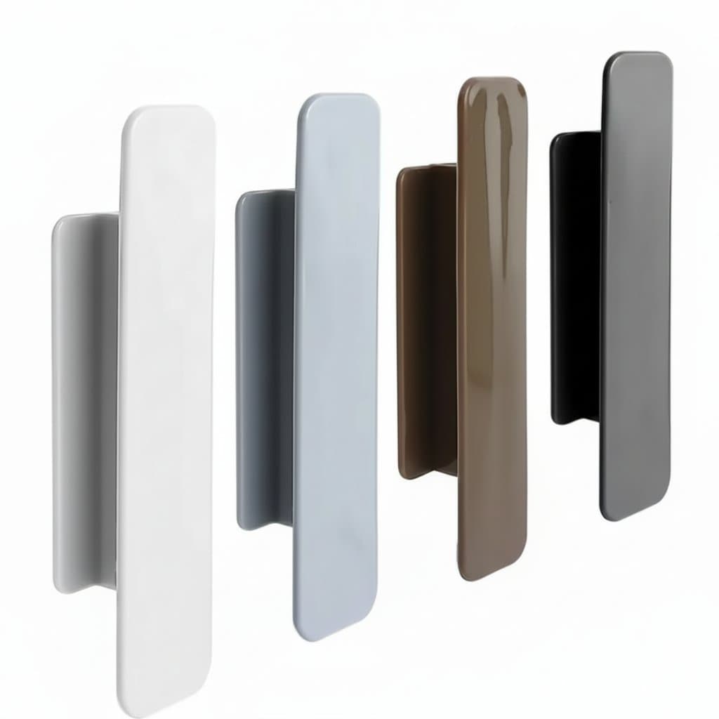Self-adhesive multifunctional handles for windows, cabinets, and drawers as sliding door knob organizers and opening aids.