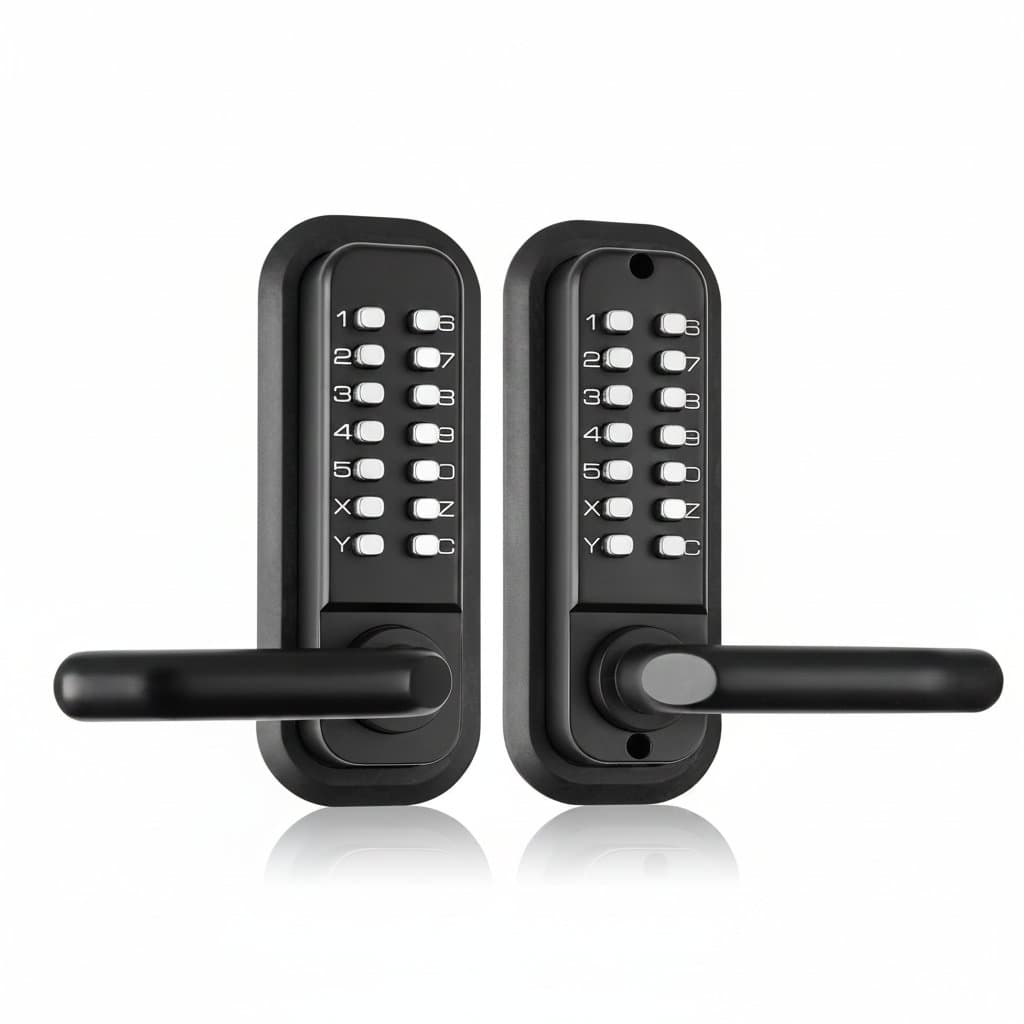 Mechanical keyless entry door lock with a 14-digit keypad. Features an embedded handle and works single or double-sided.