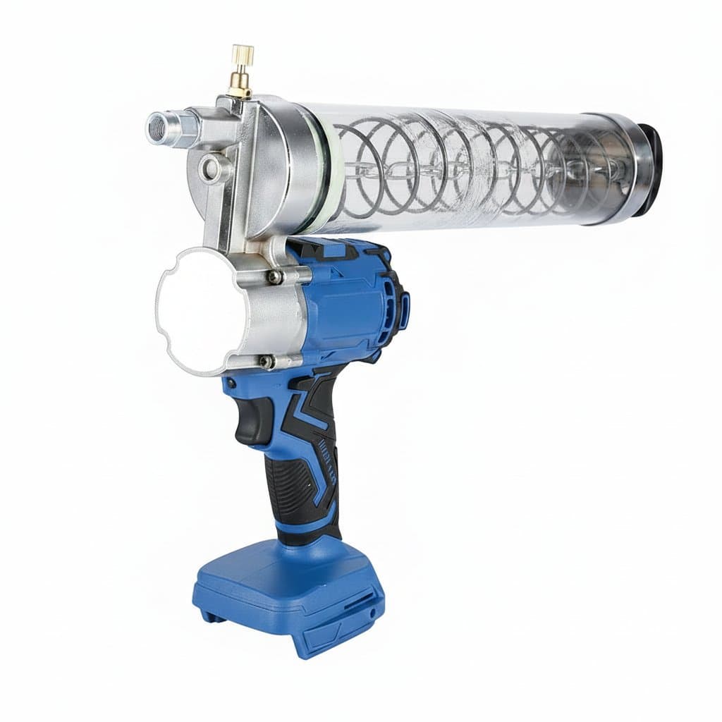 Portable high-voltage lithium-ion electric grease gun with LED light and digital display for quick, powerful lubrication.
