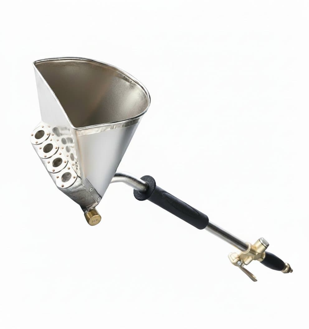 Ceiling plaster gun designed for air-powered application of stucco, mortar, and cement. A hopper gun for efficient plastering on ceilings and walls.