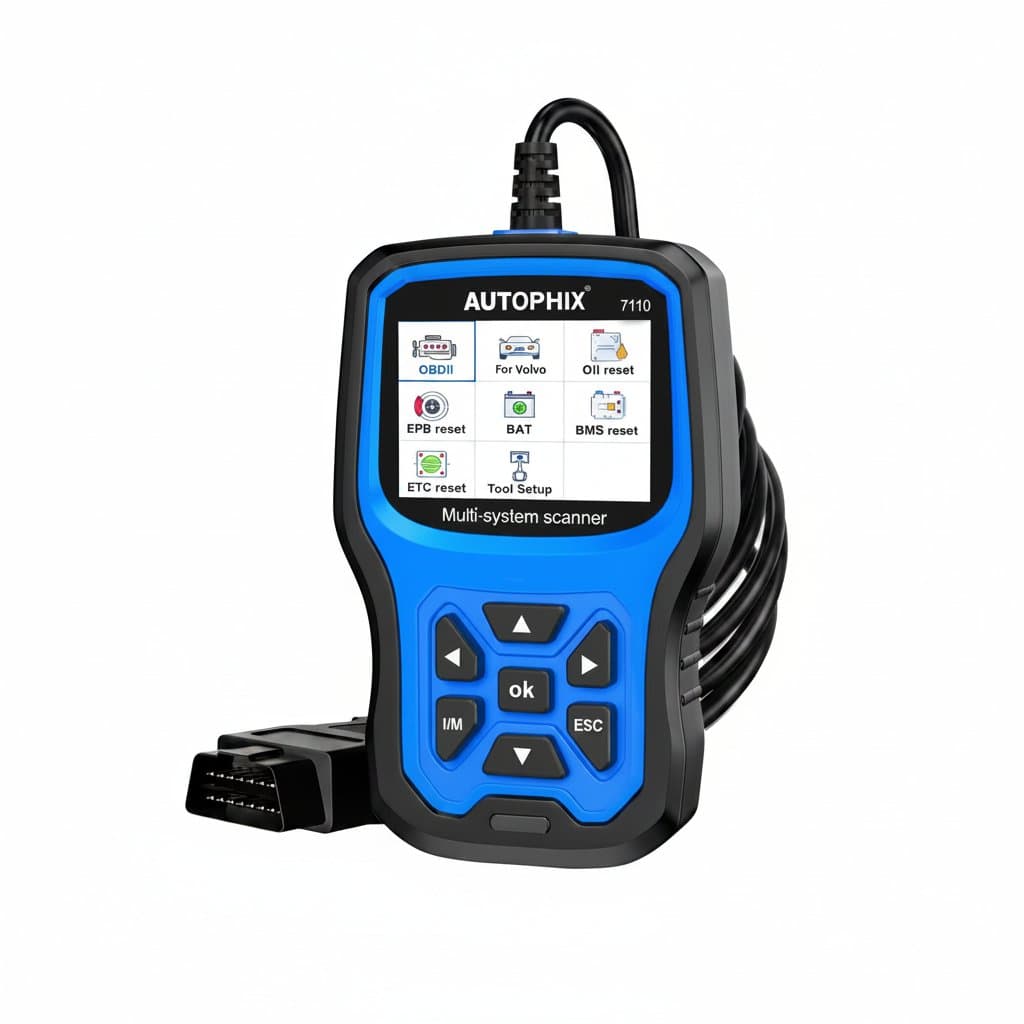 AUTOPHIX 7110 full-system diagnostic scanner for Volvo, covering oil, EPB, ABS, SRS, SAS, TPMS, BAT, and BAS systems via OBD2.
