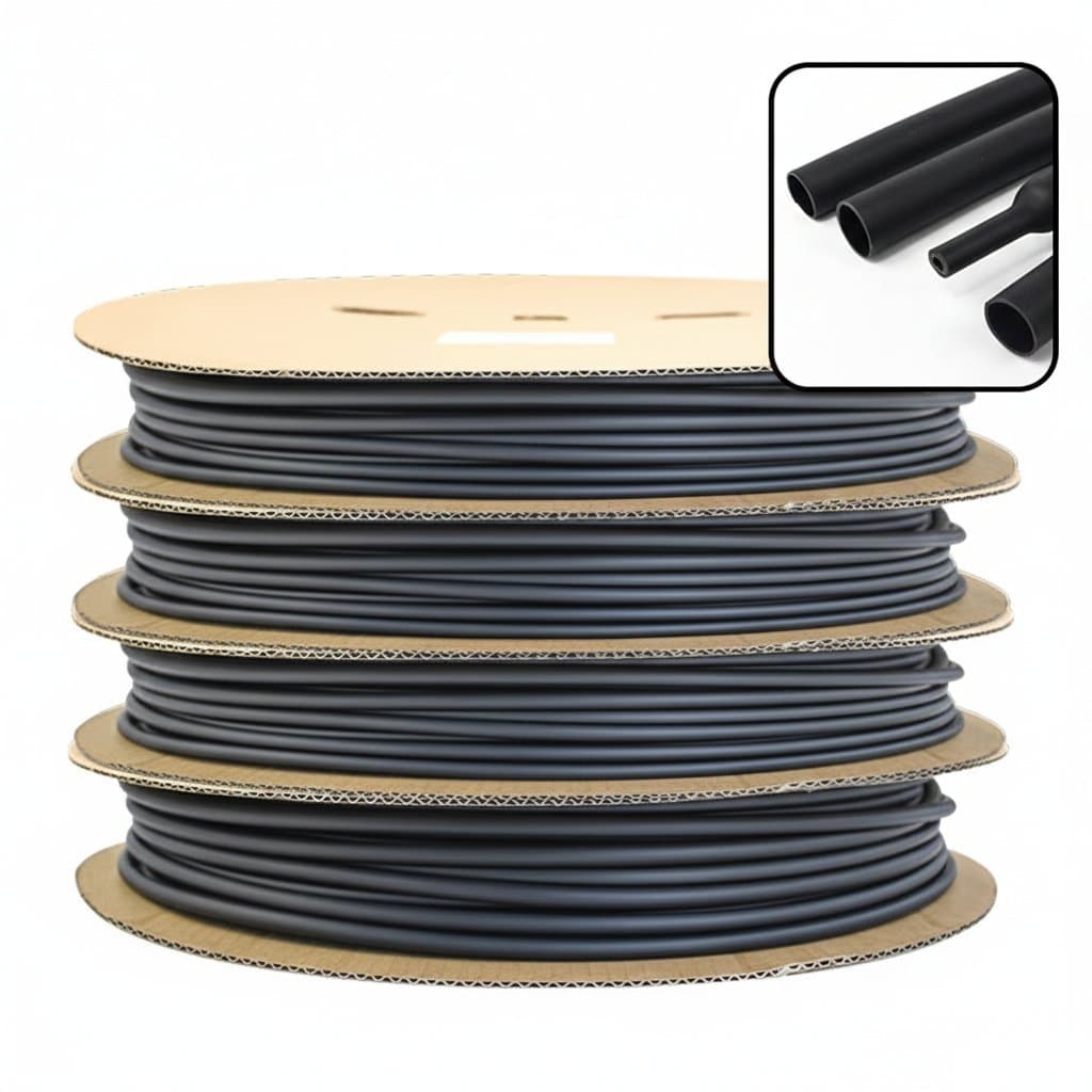 Black and red polyolefin heat shrink tubing in 10, 50, and 100 meter rolls, providing 3:1 shrink ratio for professional wire insulation and cable protection.