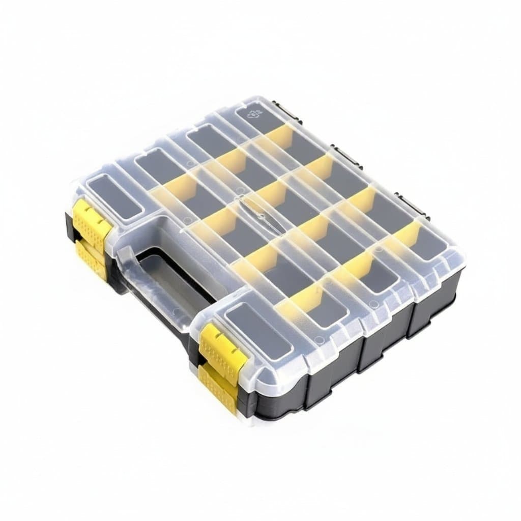 Durable double-sided toolbox organizer with molded compartments for hardware, tools, nuts, and bolts storage.