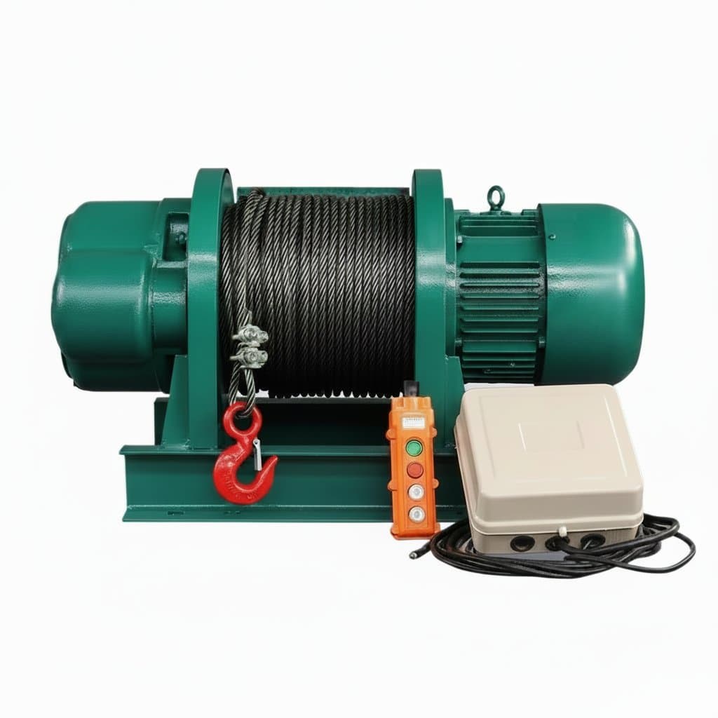 Heavy duty electric lifting hoist for industrial use, featuring a robust steel hook, durable cable, and ergonomic remote control for precise load handling.