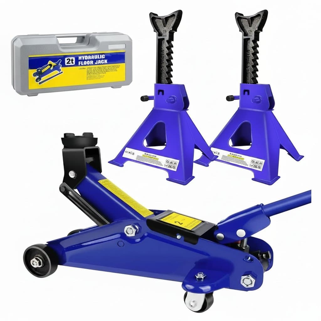 2 Ton Low Profile Hydraulic Floor Jack and 3 Ton Axle Stand Combo Set with steel racing quick lift and tire repair kit.