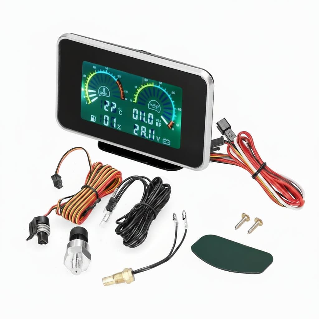 A 4-in-1 car LCD meter displaying oil pressure, voltage, water temperature, and fuel level, serving as a versatile fuel pressure gauge.