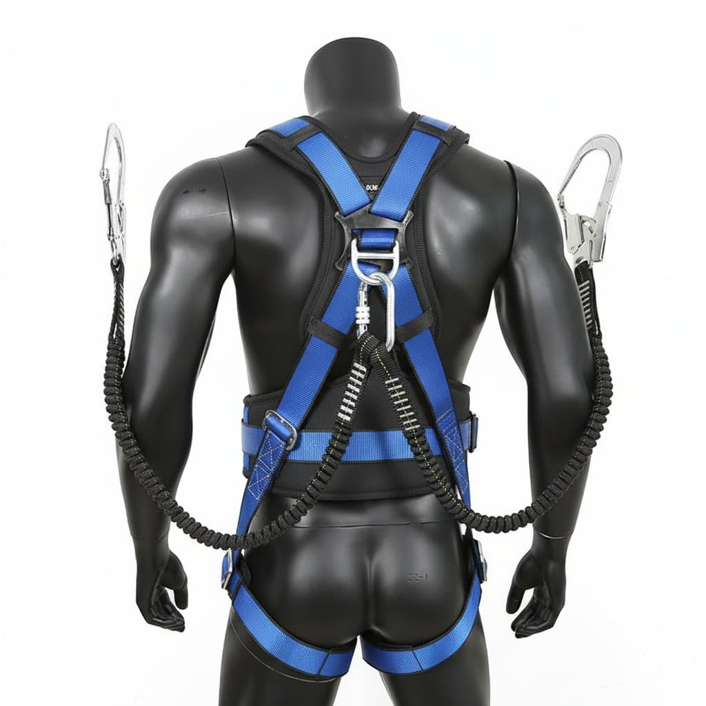 Xinda Aerial Work Safety Belt with double hooks and elastic buffer sling for high-altitude fall protection and survival.