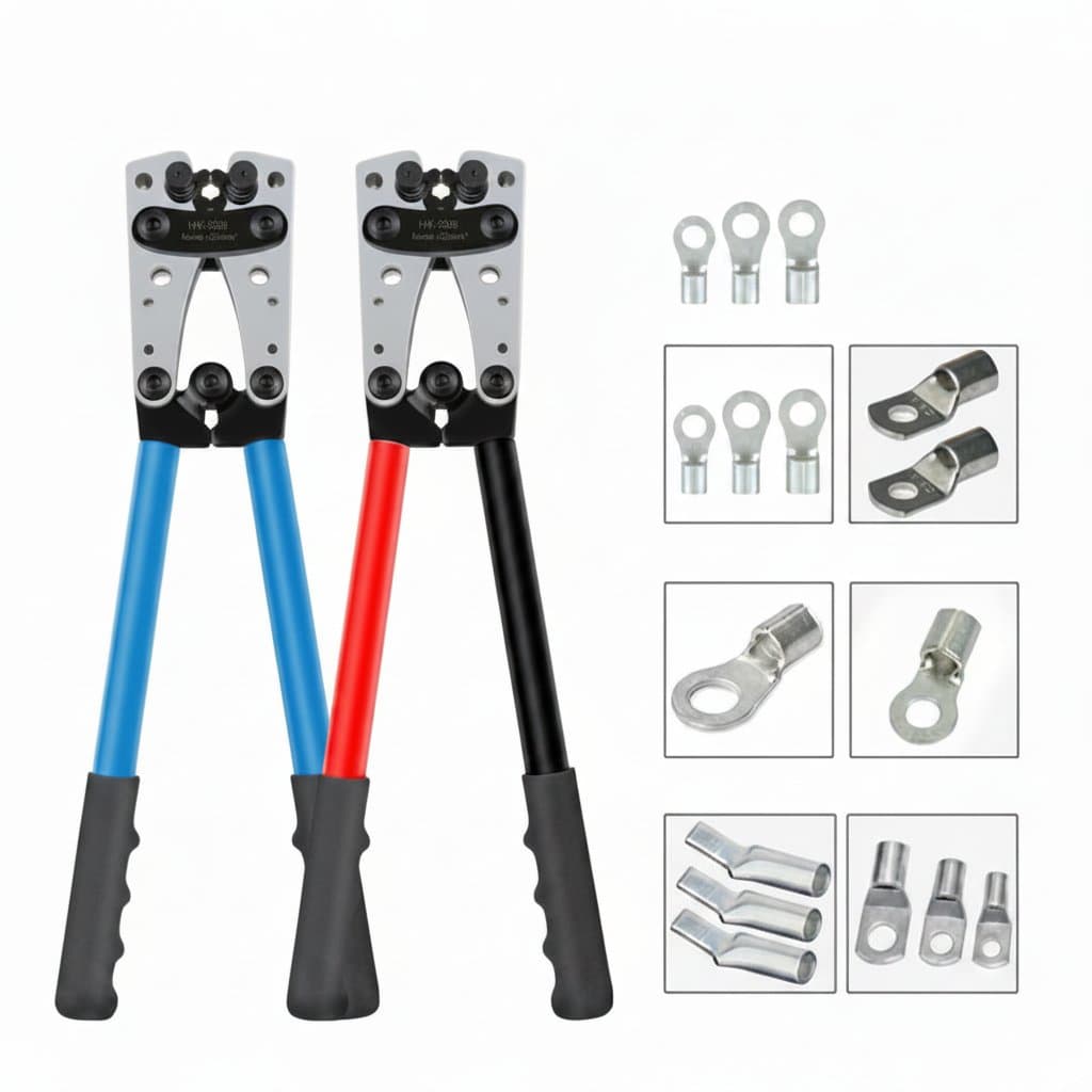 HX-50B professional crimping pliers for battery cables and lugs, featuring a hex crimp die for 6-50mm² and AWG 10-0 wire terminals.