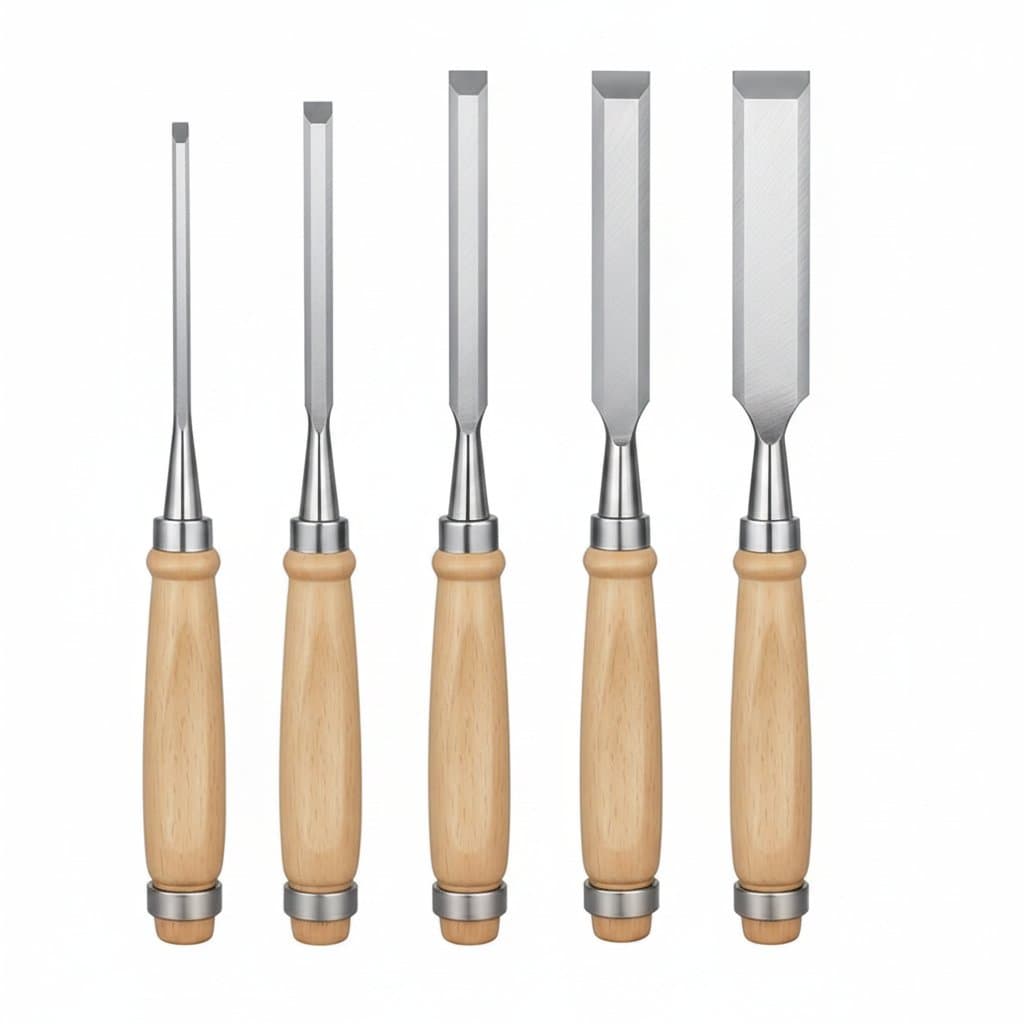 Professional 4-piece wood carving chisel set with 6, 12, 18, and 24mm blades and ergonomic wooden handles for detailed woodworking.