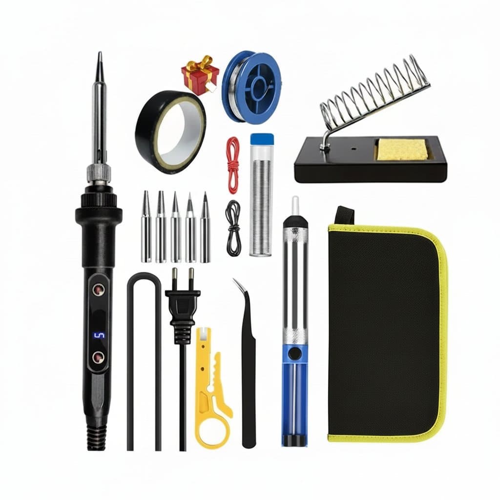 New 60W adjustable temperature electric soldering iron with replaceable tip, soldering pen, and welding kit on a workbench.