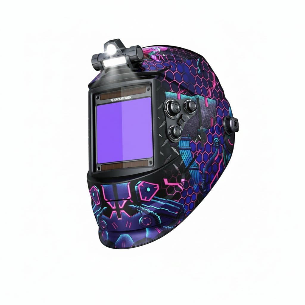 ARCCAPTAIN auto darkening welding helmet with 4 arc sensors and a large 3.94 by 3.94 inch viewing lens for clear visibility.