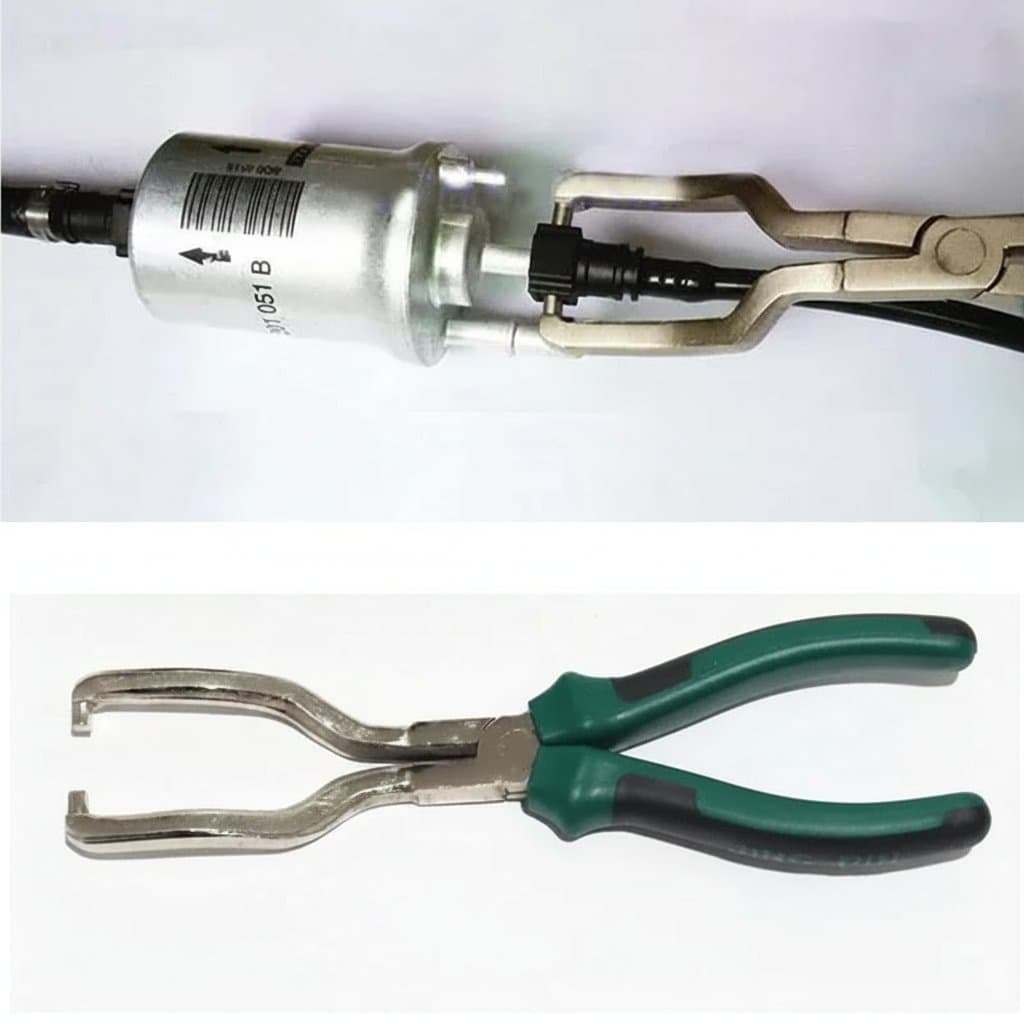 Professional quick-removal pliers for gasoline pipe joints, filters, calipers, and oil tubing connectors during automotive repair.